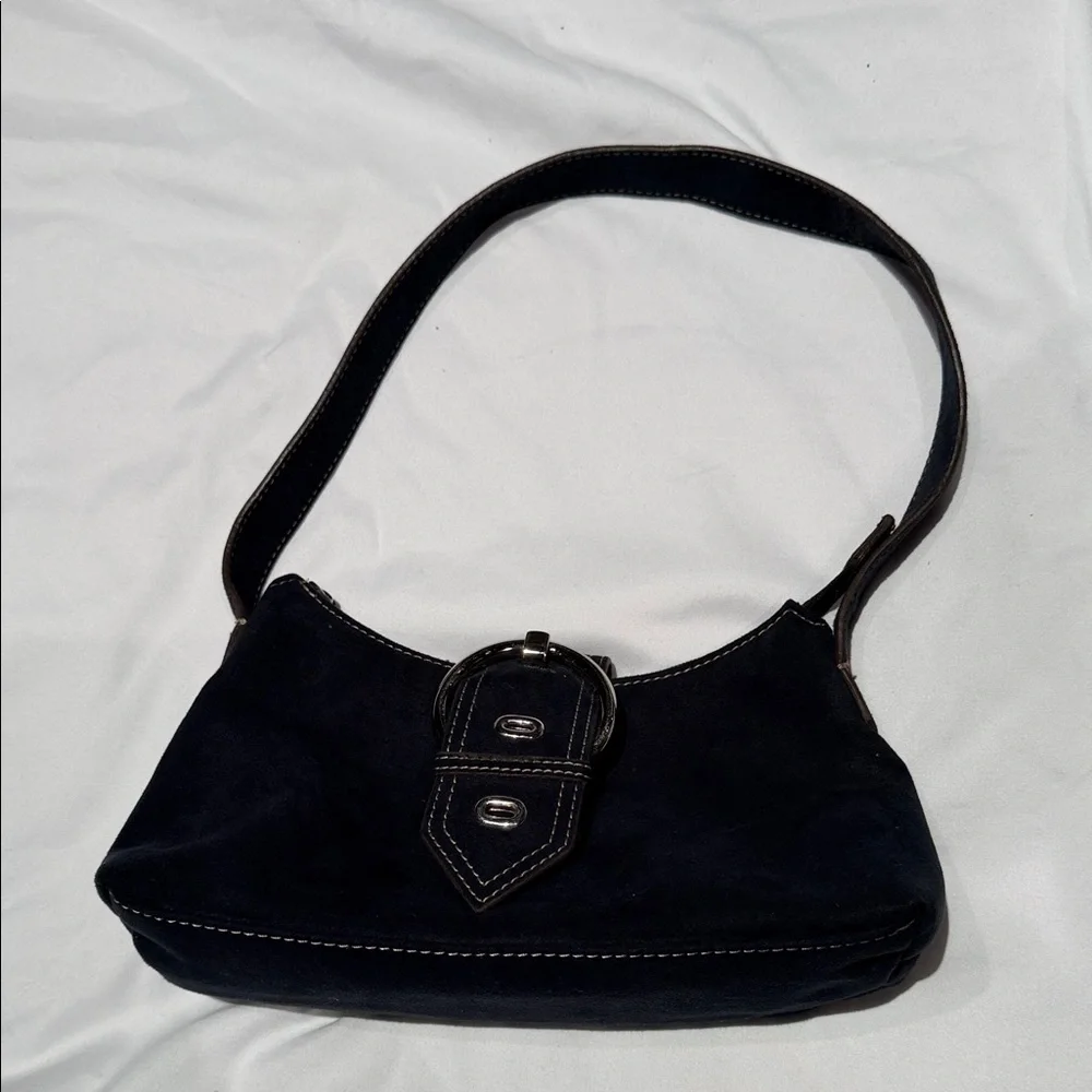 Black Suede Shoulder Bag with Buckle Accent